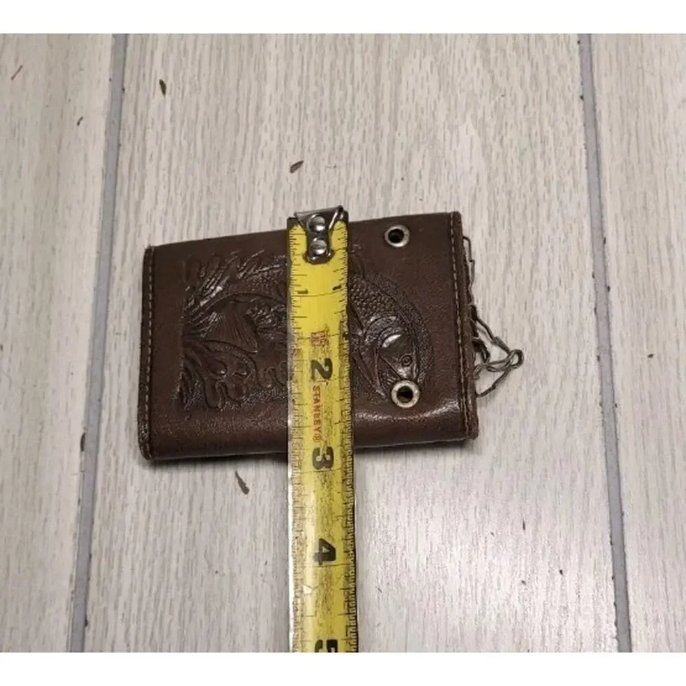 Vtg Mens Tooled Leather Bass Fish Key Case Brown 7 Key Chain Wallet Mexico
